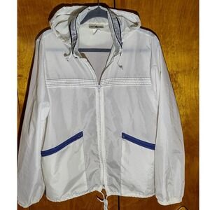Aqua Sheen Vintage White Windbreaker Jacket Navy Trim Stowaway Hood Womens S/M‎